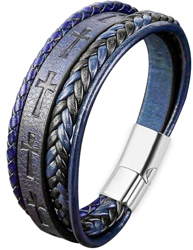 Mochity Bracelet Cuir Homme, Bracelet Perle Homme, Noir bleu Marron Bracelets Pour Hommes, Avec Boîte Cadeau (J)