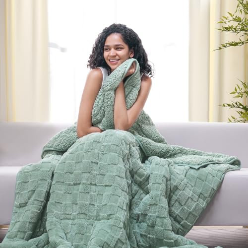Drewin Gewichtsdecke, volle Größe, 6,8 kg, ultraweiche, flauschige Jacquard-Sherpa-gewichtete Decken für Couch, Bett, gemütliche, schwere Decke für den Winter, 122 x 183 cm, Salbeigrün
