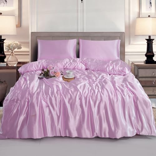 ROOEE Silk Satin Duvet Cover with Pillowcases Bedding Set for Single Double King Size Bed Easy Care Luxury Ultra Soft Quilt Cover (LILAC, Single)