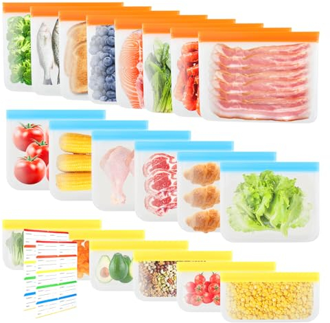 20 Pezzi Sacchetti Riutilizzabili per Alimenti Silicone Sacchetti Freezer Riutilizzabili Silicone Sacchetti Congelatore Riutilizzabili Congelatore Freezer Sandwich Frutta Verdura Carne Snack 2 Adesivi