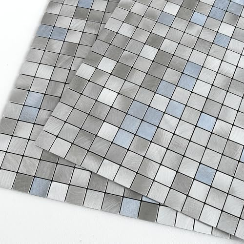 M MOFIT Mosaic Stick on Tiles Kitchen,3D Self-Adhesive Wall Tiles Stickers Metal Panels Square(10pcs,Blue Grey)