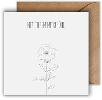 Trauer Karte mit Umschlag - einfühlsame Trauerkarte “In tiefem Mitgefühl” mit Blume aufrichtige Kondolenzkarte Beileidskarte Gedenkkarte Beileid Trauerfeier Beerdigung Anteilnahme (125 x 125 mm)