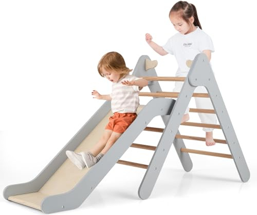 COSTWAY Toddler Climbing Frame, Kids Wooden Montessori Triangle Climber with Adjustable Ramp, Indoor Play Gym for Boys Girls (Grey)