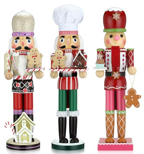 Namalu Set of 3 Valentine's Day Nutcracker 14-15 Inch Wooden Gingerbread Man Chef Nutcracker Figures for House Holiday Party Shelve Desktop Home Table Decorations Handmade Collectible Gifts