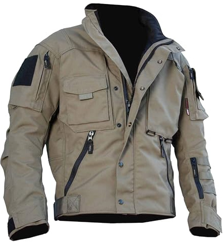 Tiwate Men's Outdoor Cargo Tactical Jackets Multi-Pockets Stand Collar Military Jackets Lightweight Cotton Windbreaker (Light Khaki,S)
