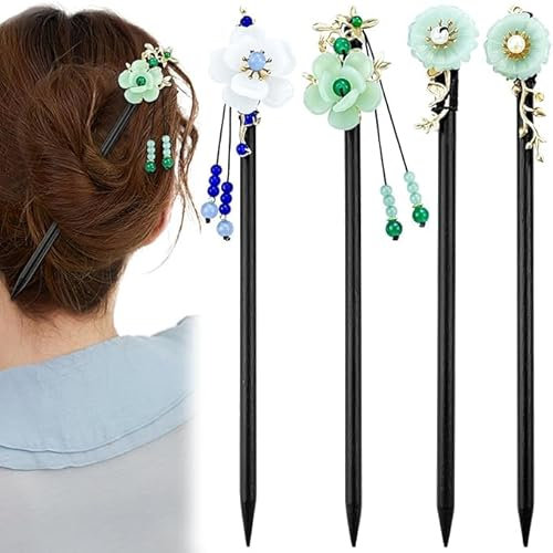 4 palillos de pelo japoneses chinos con perlas, estilo retro, de madera, palillos para el pelo, estilo vintage, Hanfu, tocado, horquilla clásica para cabello largo para mujeres (patrón 3)
