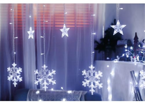 WatioWave Cortina LED 3,5m con estrellas y copos de nieve, 8 funciones de luz fría, IP44, ideal para decoraciones navideñas y eventos festivos.