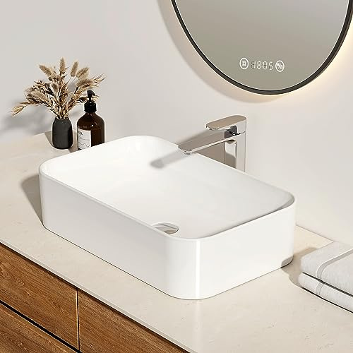 EMKE Lavabo Rettangolare in Ceramica, 610 x 380 x 150 mm, Lavabo da Appoggio in Ceramica, Bianco Brillante