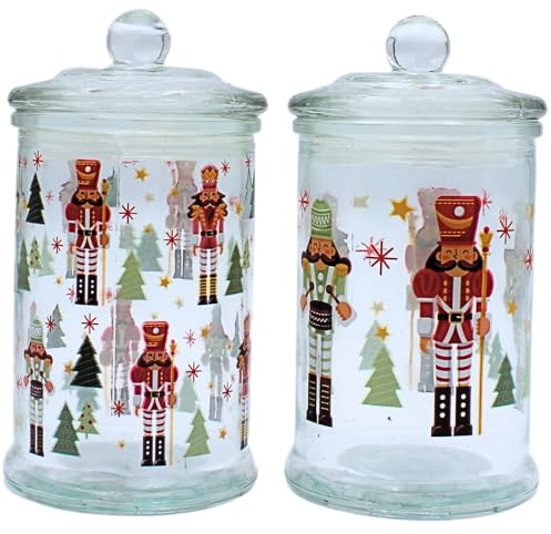 Dekohjälte24 aromburk, matburk, glasbehållare med julmotiv, kakburk med nötknäppare motiv av glas, H/Ø: 19 x 10 cm, kapacitet 600 ml per glas, leveransomfattning 2 förvaringsburkar.