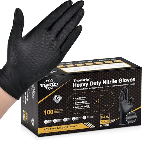 TitanFlex Heavy Duty Black Nitrile Gloves, Medium, 6 Mil with Raised Diamond Texture, Industrial Work Gloves Disposable Latex Free, Powder Free, Mechanic Disposable Gloves(M)