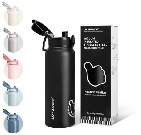 UZSPACE Metal Water Bottle, 316 Stainless Steel Drinks Bottle, 700ml | Night Black | Leakproof Thermal Water Bottle with Handle, Double-Walled Insulated Water Bottles for School or Works & Sports