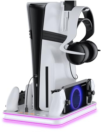 EJGAME PS5 Pro/Slim/PS5 Stand and Cooling Station with RGB Lighting,Charging Station for PlayStation Portal & P5 Controller, PS Portal Charger,Headset and Remote Holders (White)