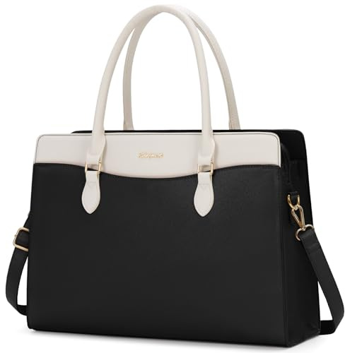 RAINSMORE Handtasche Damen Shopper Tasche Damen Groß Arbeitstasche Laptoptasche Damen 15.6 Zoll PU Leder Wasserdicht Aktentasche für Business Arbeit Schwarz und Weiß
