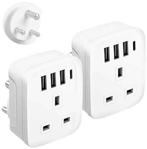 2-PACK UK to India Plug Adapter,Grounded UK to 3 Pin India Travel Adapter | 3 USB+1 USB C 17W Fast Charger,Converter Plug Adaptor for Indian,Sri Lanka,Pakistan,Burma,Maldives,Yemen(Type D)