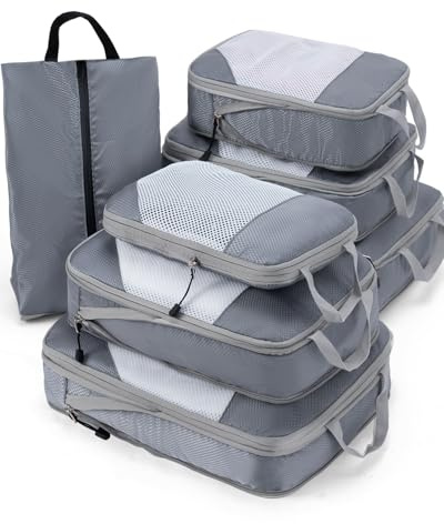 Meowoo Kompressionspaket med 7 set, ripstop-nät reseorganiserare för bagage, multifunktionella ultralätta expanderbara packkuber för resväska, handbagage, resor, ryggsäck, grå