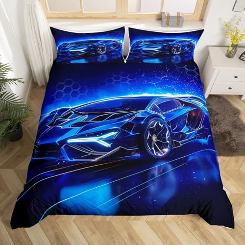 Loussiesd Jungen Sportauto Bettwäsche Set 135x200cm Blau Rennauto Bettbezug für Kinder Zimmer Dekor Extreme Sport Thema Bettbezug Set Jugendliche Cool Speed Luxus Auto Dekor Bettwäsche Weich