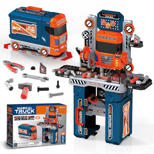 65 Pcs Kids Tool Set, 2-in-1 Kids Tool Box & Bench, Toddler Tool Set with Electric Drill and Power Miter Saw, Workbench for Boys Age 3 4 5 6 7 8 Year Old