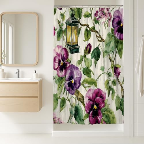Floral Shower Curtain, Watercolor Violet Pansy Flower Bathroom Décor, Spring Summer Botanical Chic Waterproof Fabric Shower Curtain with Hooks 36x72 Inch