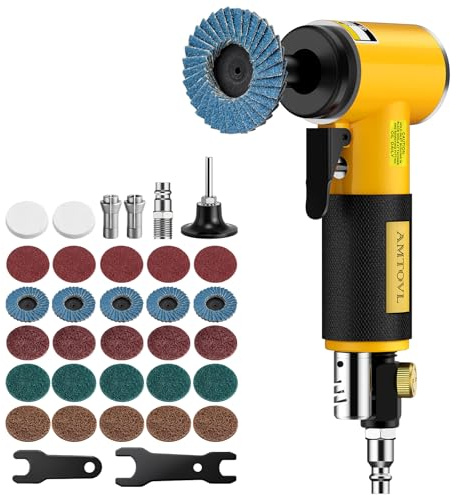 AMTOVL Air Die Grinder Kit, Right Angle Die Grinder with 1/4 1/8 Collets and 2 Quick Change Roll Lock Sanding Discs Accessories Set, 20,000RPM Pneumatic Air Grinding Tools Attachments