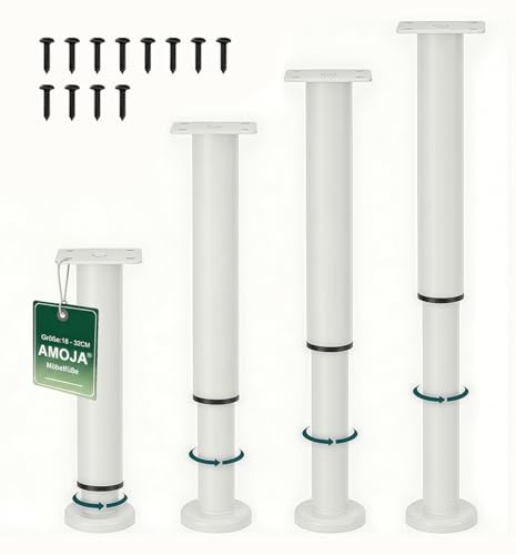 AMOJA 4 Stück Höhenverstellbare Möbelfüße 18-32cm, Möbelfüße Verstellbar | Verstellbare Schwerlast-Möbelfüße mit Gummipads – passend für Betten, Sofas, Schränke, Badezimmerschränke & Tische
