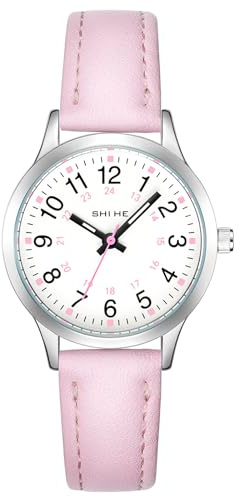 CIVO Armbanduhr Kinder Leicht Lesbar: Lernuhr Kinderuhr Analog Lederarmband Rosa - Wasserdicht Quarzuhr für Mädchen Jungs 6-14 Jahre - Geschenke für die Geburtstage Kindertag