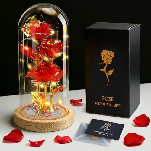TAVADA Rosa Eterna con Base Pino Luces LED, San Valentin Regalos Mujer, Flor Eterna para San Valentín Día de la Madre Cumpleaños Aniversario Navidad, Mujer Mamá Hermana Espos