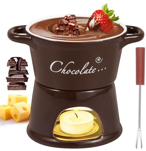 300ml Ceramic Chocolate Fondue Set with Fork, Easy Cleaning, Detachable Cheese Melting Pot for Party, Home, Birthday, Picnics(Coffee)