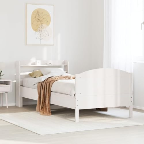 Kaloriko Massivholzbett Weiß 90x200 cm Kiefernholz, Robustes Bettgestell mit Kopfteil und Ablagen, ideal für Schlafzimmer Möbel, langlebiges Plattformbett für erholsamen Schlaf