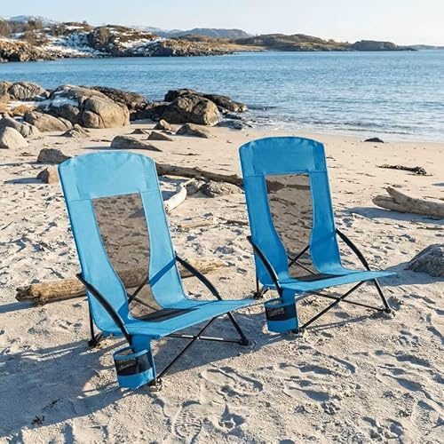 TLSUNNY Folding Beach Chair Low Lightweight, 72cm High Back Portable Camping Chair W/Mesh Back & Padded Armrest, Carry Bag, Cup Holder, Outdoor, Travel, Fishing, Concert, Picnic, 2 Pack, up 160KG