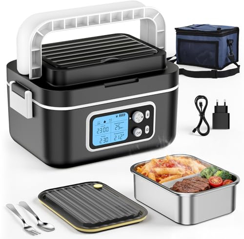 Fiambrera Electrica, 1.5L Inteligente Lonchera Térmica con Pantalla Táctil, 27000mAh Lonchera Térmica Inalámbrica con Platos de Acero Inoxidable y Bolsa Térmica, Ideal para la Oficina/Viajes/Camping