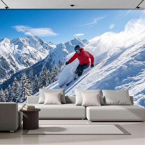 Murales 3D De Seda, Pintado Panorámico Esquiadores Mural Para Artística, Papel Tapiz Fotomurales Montañas Nevadas Bosques De Pinos Decoración Póster De Pared Salón Dormitorio, 250 x 175cm