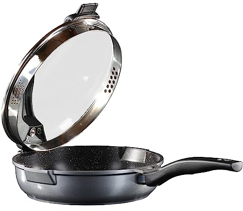 STONELINE Future Schmorpfanne 24 cm, mit Siebglasdeckel, hoher Rand, Induktion, Aluguss, Antihaft beschichtet mit echten Steinpartikeln, Pfanne 24cm hoher Rand