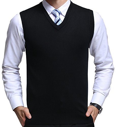 FULIER Mens Winter V-Neck Sleeveless Vest Classic Business Gentleman Knitwear Knitted Waistcoat Sweater Cardigans Tank Tops (M, Black)
