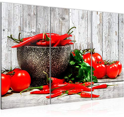 Runa Art Wandbilder Küche - Gemüse Bild XXL Esszimmer Küchenbilder Weiss Rot Holz 120 x 80 cm 3 Teilig 005831b