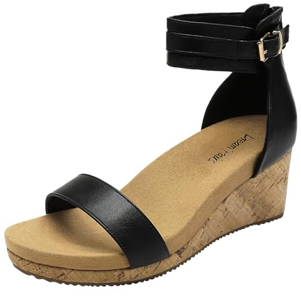 DREAM PAIRS Women's Open Toe Buckle Ankle Strap Platform Wedge Sandals,Size 7,BLACK/PU,NINI-6