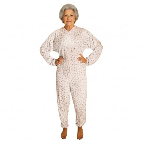 eMMe SQUARE - Pigiama Sanitario Intero Estivo a Manica Lunga con Zip Posteriore, Tutona Sanitaria per Anziani Disabili e Degenti, Cotone Leggero, Made in Italy, Bianco con Fantasia Donna Taglia XL