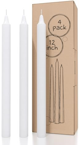 CANDWAX White Taper Candles Pack of 4 - Slow Burning Dripless Unscented Straight Candles 12 inch - Ideal for Dinner Table - Smokeless Long Candlesticks