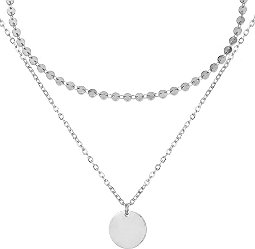 BONNYBIRD® Boho Kette Silber Damen Edelstahl Schmuck Silberkette Frauen Ketten Set Layering Halskette Wasserfest mit Anhänger Plättchen Doppelkette Bohemian Silberschmuck