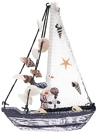 Holz-Segelboot-Modell Boot Deko Dekorationen Nautische Maritime Anker Muschel Nautische perfekt für Strand Meer Urlaubsdeko Holz Segelboote Modell mit Fischernetz