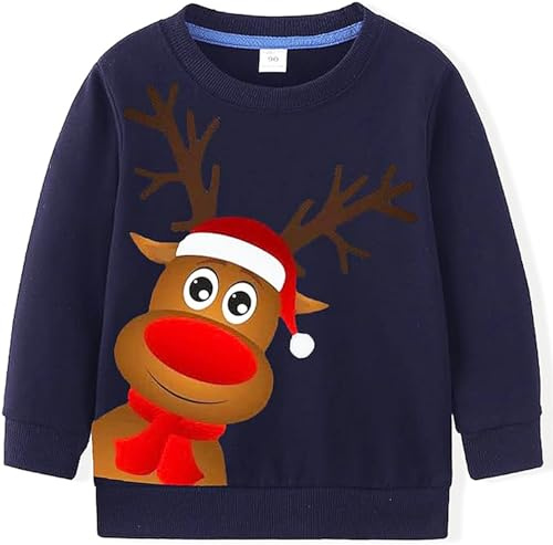 LXKA Jerséis de Navidad para niños, sudadera de Navidad para niños, suéter de Navidad para niños, camisetas de Navidad de manga larga con diseño de reno, muñecos de nieve y Papá Noel, camisetas de