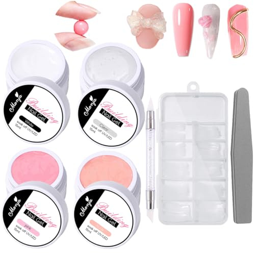 TEEROVA Solid Nail Extension Builder Gel Set, 4 Colors Non-Sticky Hand Nail Extension Solid Builder Gel with Nail Tools, Nail Art Hard Gel for Nails Sculpting Manicure 3D Modeling