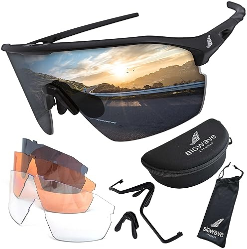 BIGWAVE Sportbrille aus bruchsicherem Grilamid TR90 – mit 3 superentspiegelten Wechselgläsern - Schnelle Brille im Shield-Design mit UV400 Anti-Beschlags-Beschichtung für Damen und Herren.