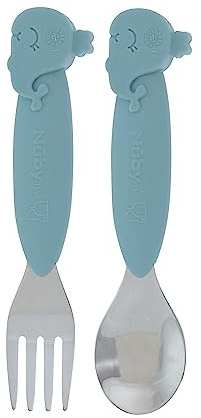 Nuby Juego de tenedor y cuchara de silicona y acero inoxidable, ballena azul
