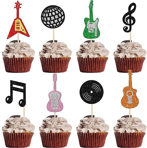 SYKYCTCY 24 Pack Guitar Cupcake Toppers Music Notes Cupcake Toppers Glitter Guitar Rock Cupcake Picks Musical Instrument Cake Decorations for Musician Baby Shower Birthday Party Supplies
