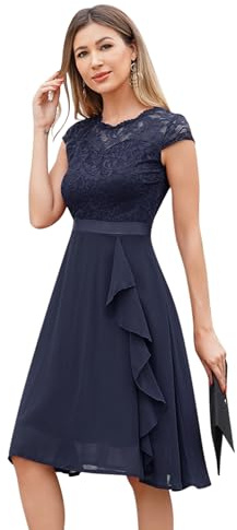 Odizli Abito da cocktail da donna, elegante, a maniche corte, in pizzo, con volant, abito da sera, Blu scuro, S