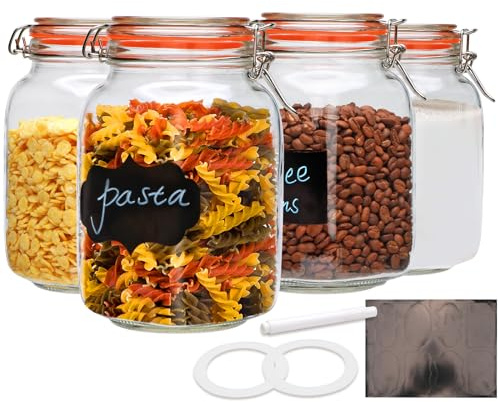 Encheng 50oz Glass Jars with Clamp Lids,Set of 4,1500ml Square Wide Mouth Mason Jars with Airtight Lids,Large Glass Storage Container with Clip Lids for Kitchen,Flour,Pasta,Beans