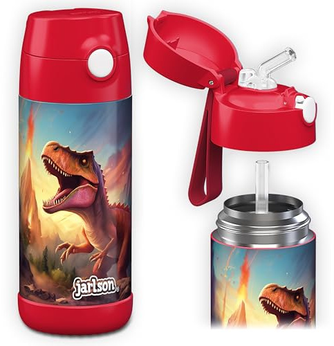 Jarlson® Trinkflasche Kinder Edelstahl Charli [MIT STROHHALM] Thermosflasche Auslaufsicher - Thermoskanne - Water Bottle Kids - Thermo Trink Flasche für Schule & Kindergarten (350ml, Dinosaurier 2.0)