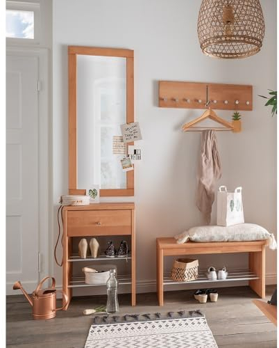 Lomadox Flurgarderobe Massivholz Buche Flurbank mit Schuhablage Flurschrank Garderobenpaneel Spiegel Anbringung quer oder hochkant