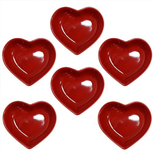Yuauy 6 pcs Red Heart Shaped Porcelain Soy Sauce Dish 1.65 oz Ceramic Dip Snack Dipping Bowls for Dinner Baking BBQ and Cooking