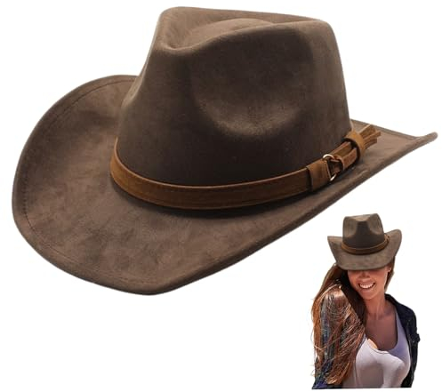 Jeorywoet Cowboyhut mit Breiter Krempe, Western-Style in Braun mit Gürtelschnalle, Wildleder Cowgirl-Outfit für Männer und Frauen Party